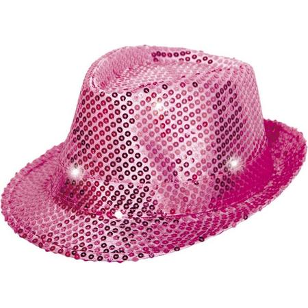 SMIFFYS - Roze borsalino hoed met lovertjes en LED licht - Hoeden > Chique hoeden